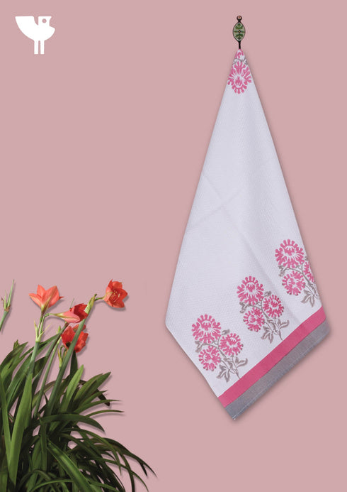 Handloom Cotton Hand Towel With Block Print Border